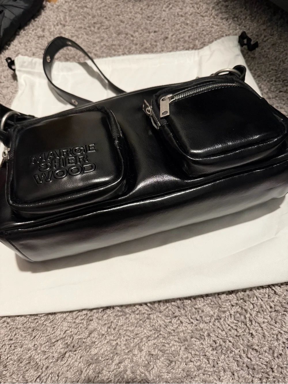 Marge Sherwood Black Leather Hobo Bag with Front Pockets
